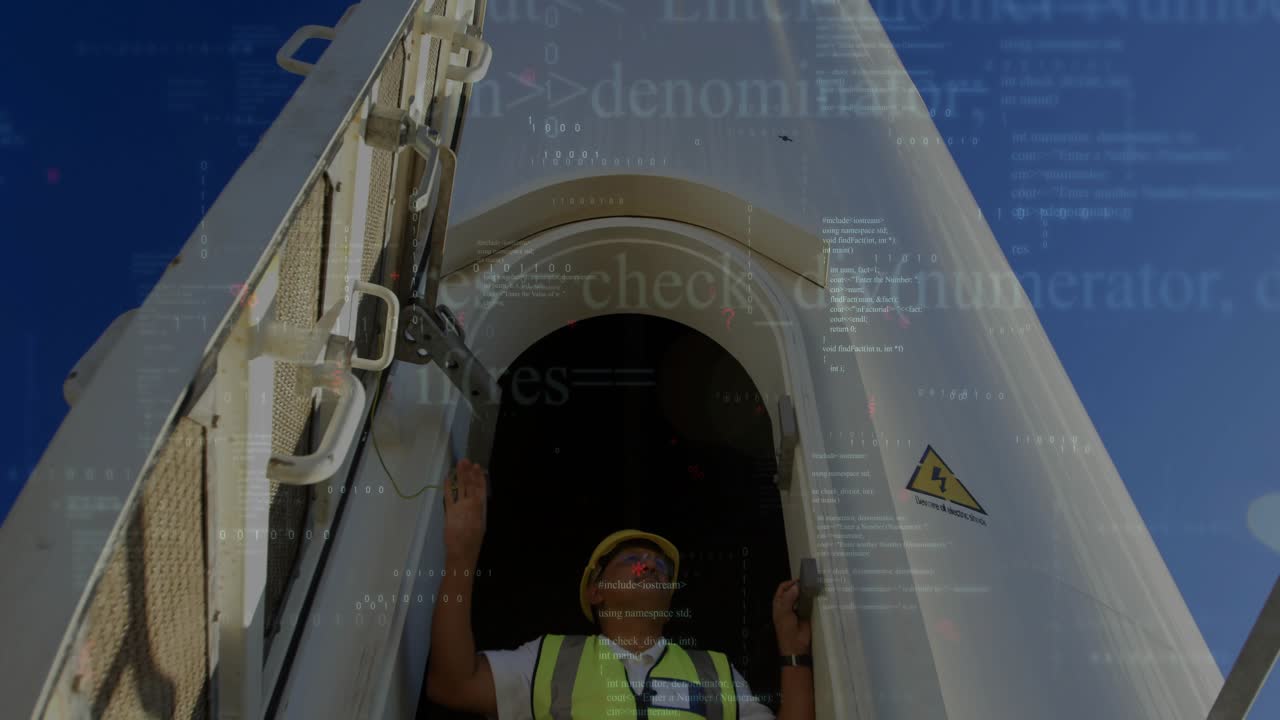 Technician releasing hatch latch for inspection, opening turbine and climbing inside with overlay