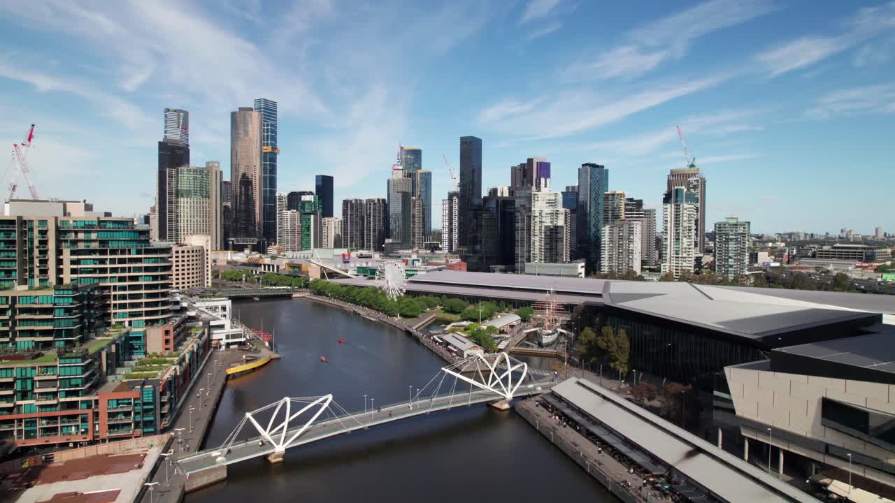 Melbourne's Southbank with Convention Centre in foreground, 4K drone shot