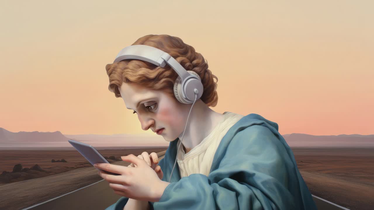 Un concetto video surreale con una vista laterale di una figura classica che indossa le cuffie, assorta.