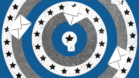 Mehrere-Umschlagsymbole-Fallen-Gegen-Kreise,-Während-Sich-Die-Amerikanische-Flagge-Dreht