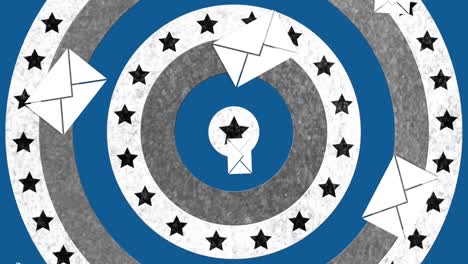 multiple envelope icons falling against circles with american flag spinning