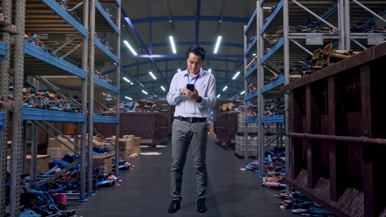 Figura intera di un operaio professionista asiatico in piedi con il suo smartphone, all'interno di un magazzino industriale di rottami metallici e riciclaggio, mentre lavora incessantemente.