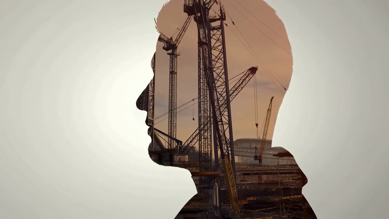 Conceptual Time Lapse of Construction Site within Human Head Silhouette