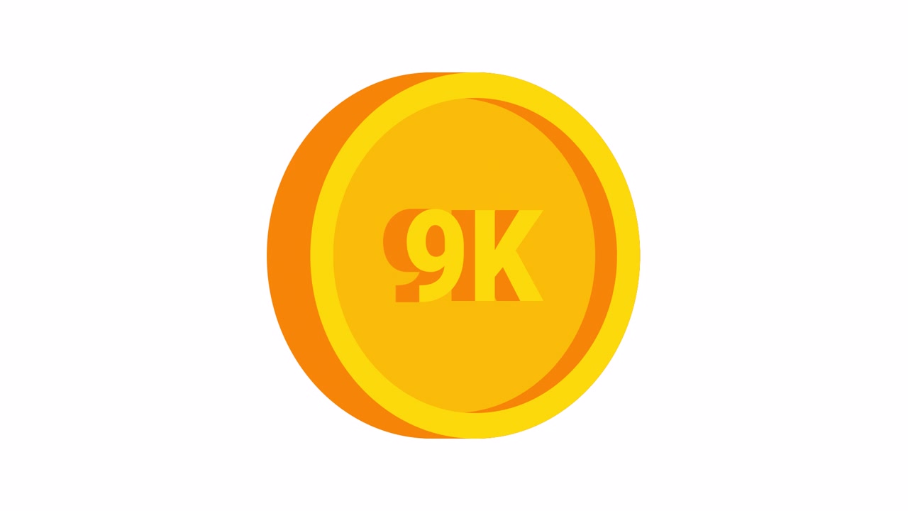 Goldene 9K Münze mit funkelnder Animation auf weißem Hintergrund