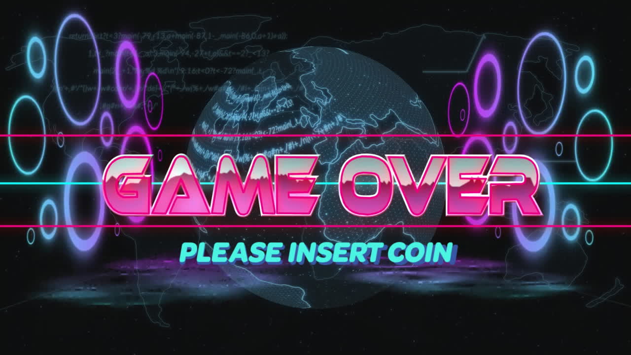 Game Over text animation over digital globe with Please Insert Coin message
