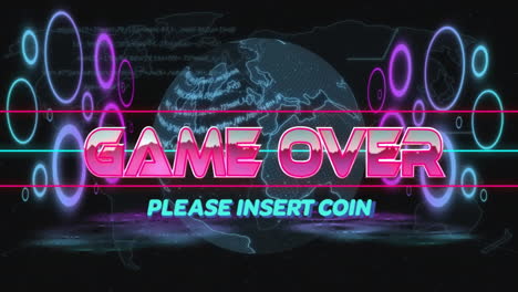 game over text animation over digital globe with please insert coin message