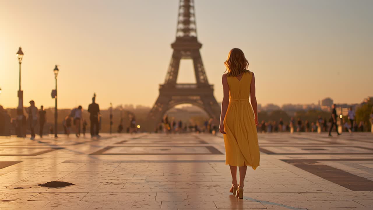 Cinematic footage of a woman in a yellow dress walking across a wide plaza toward the Eiffel Tower at golden hour, with soft backlight, tourists, and city ambience