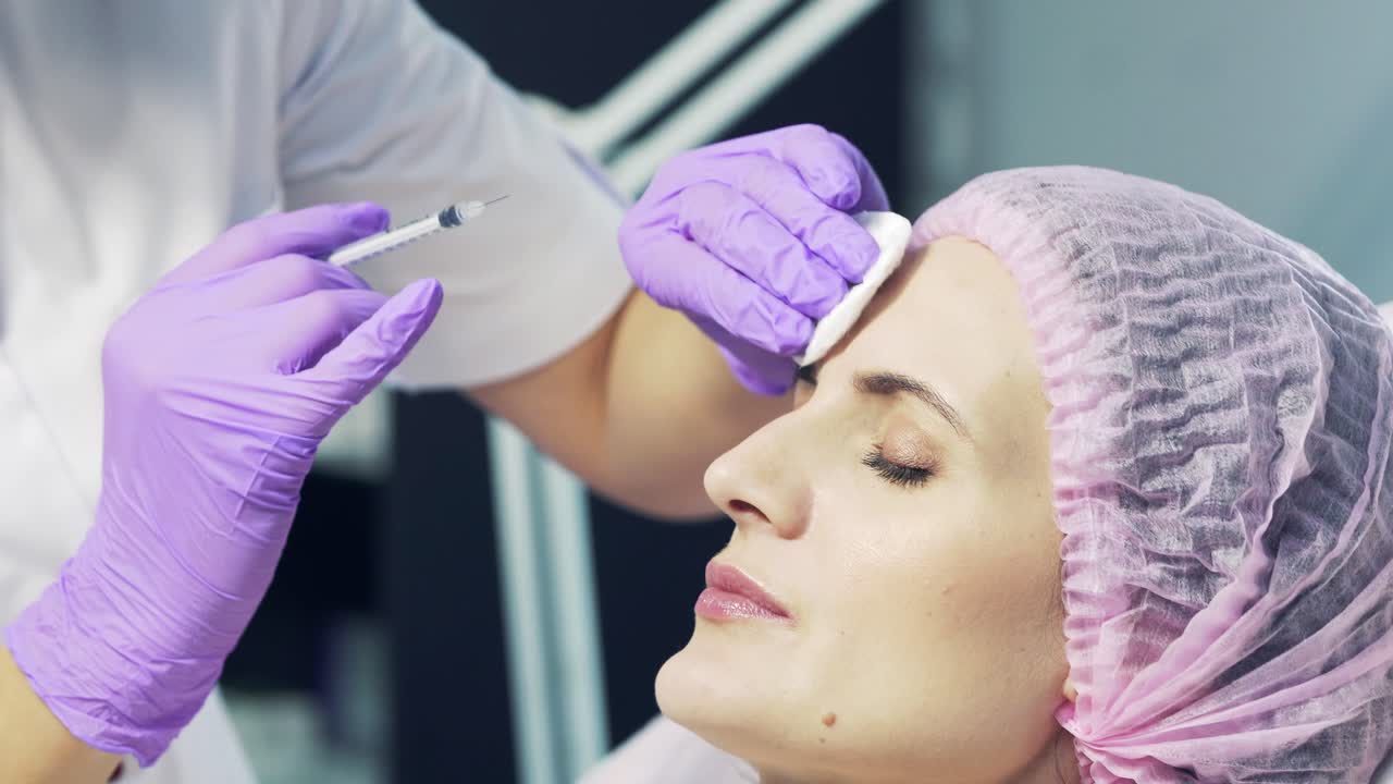 Cosmetologist making injection in forehead with small needle and dry with cotton sponge. Doctor makes cosmetic injection