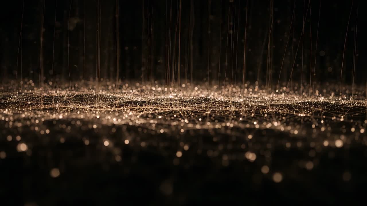 L'illuminazione si intensifica, una rete centrata a bassa angolazione scintilla in studio, con filamenti e goccioline.