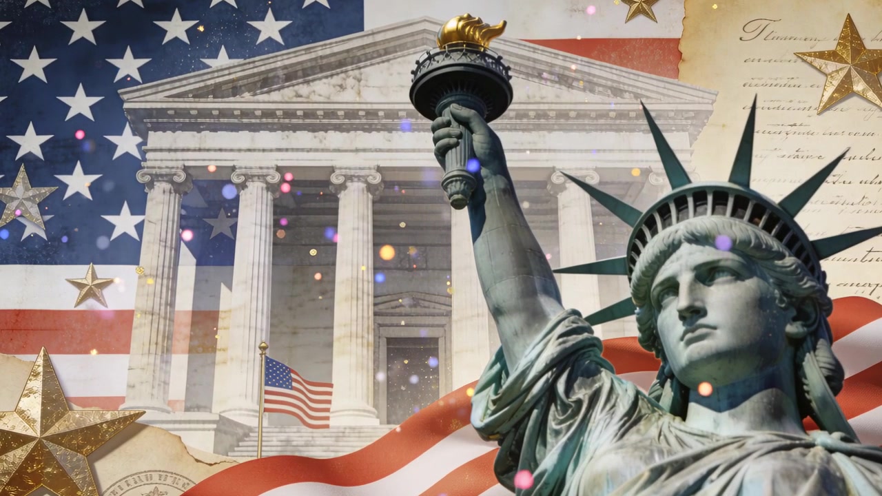 Animazione della Statua della Libertà che alza la torcia in uno studio con particelle in movimento, in onore degli USA, con spazio per il testo.