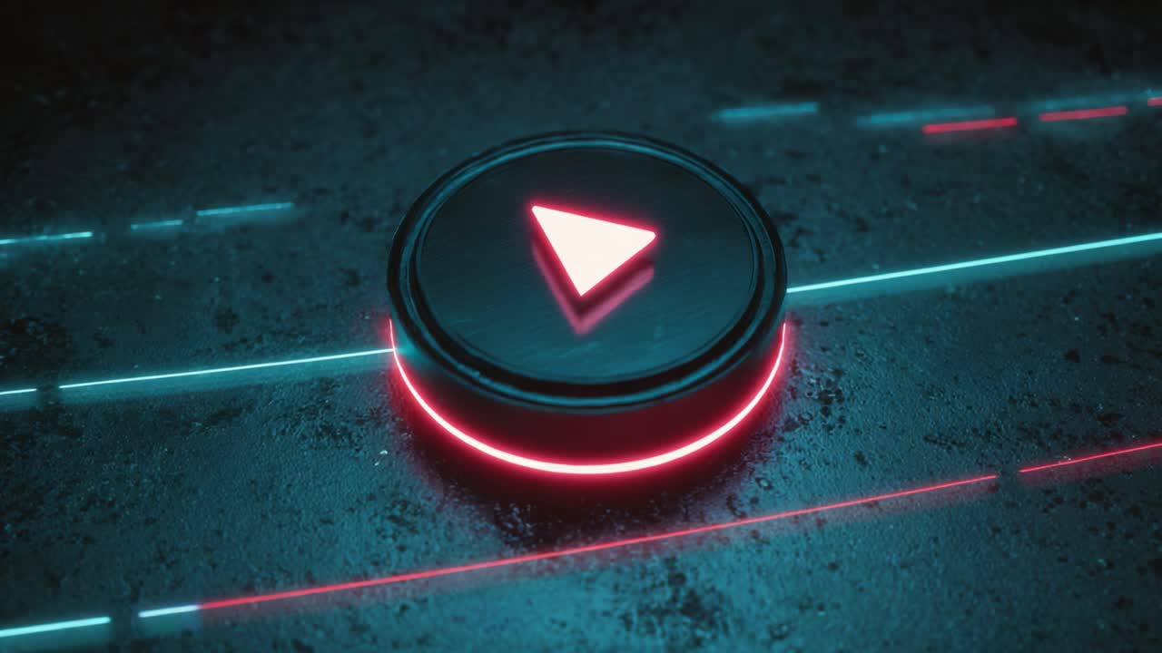 A visually striking representation of a play button set against a textured dark background, enhanced by neon lights that illuminate the surrounding area, symbolizing digital media and entertainment