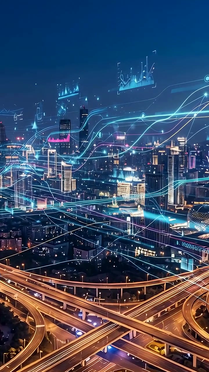 Video verticale: Strisce di dati blu emergenti che attraversano lo skyline notturno della città, mappando le rampe autostradali.