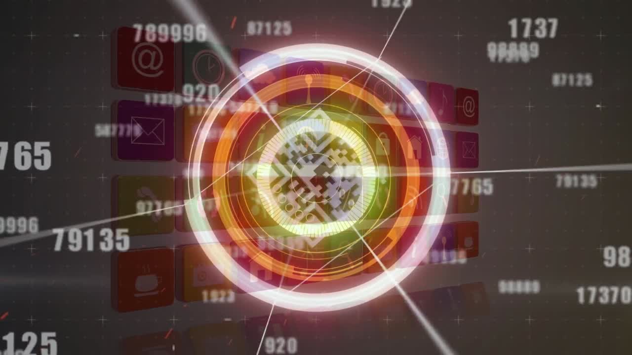 회색 배경에 숫자, qr 코드 및 아이콘의 애니메이션