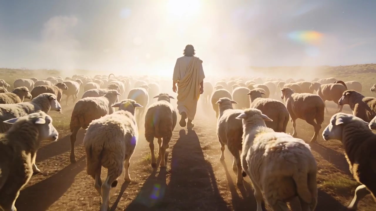 Pastore in tunica che inizia a camminare, guidando le pecore lungo un sentiero sterrato, con la polvere che si alza e il sole che splende.
