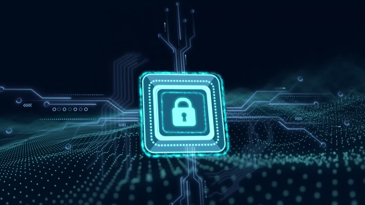 Animation of online security padlock over mesh and computer circuit board
