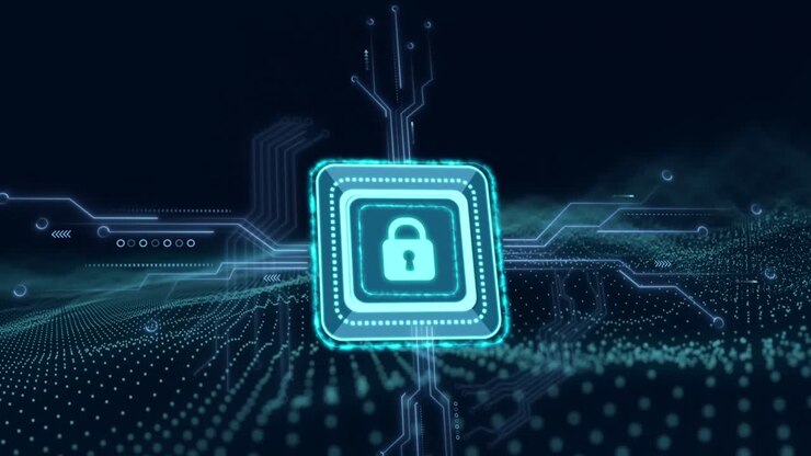 Animation of online security padlock over mesh and computer circuit board