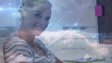 Network-of-connections-over-caucasian-woman-using-digital-tablet-against-clouds-in-the-sky