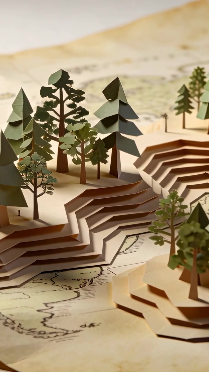 Vertical video: Shifting shot revealing map diorama on desk with paper trees and layers showing map