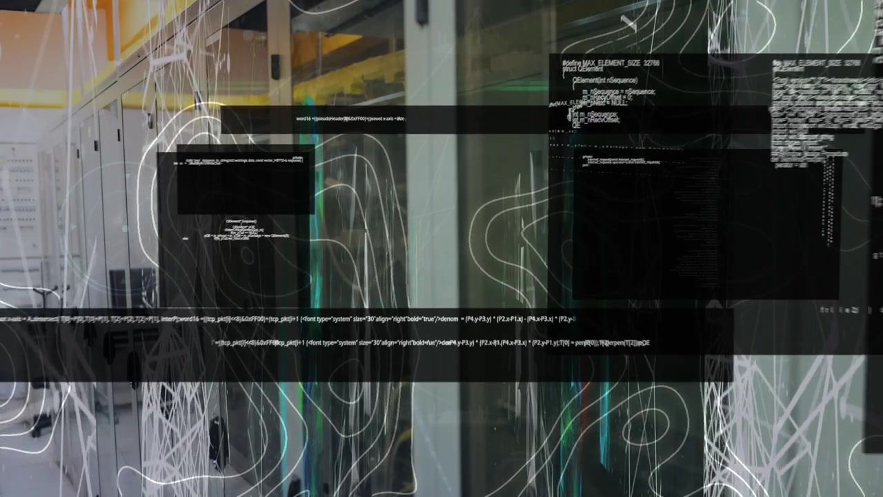 Animation of screens with data processing and topography against computer server room