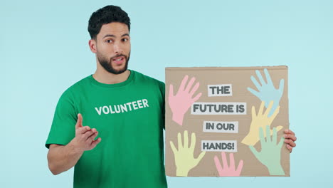 poster, studio man or happy volunteer gesture