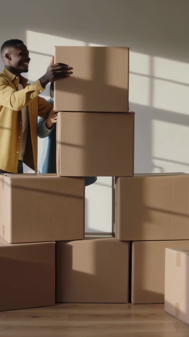 Vertical video: Stacking pair adding moving boxes at home, man entering with box, in denim, mustard