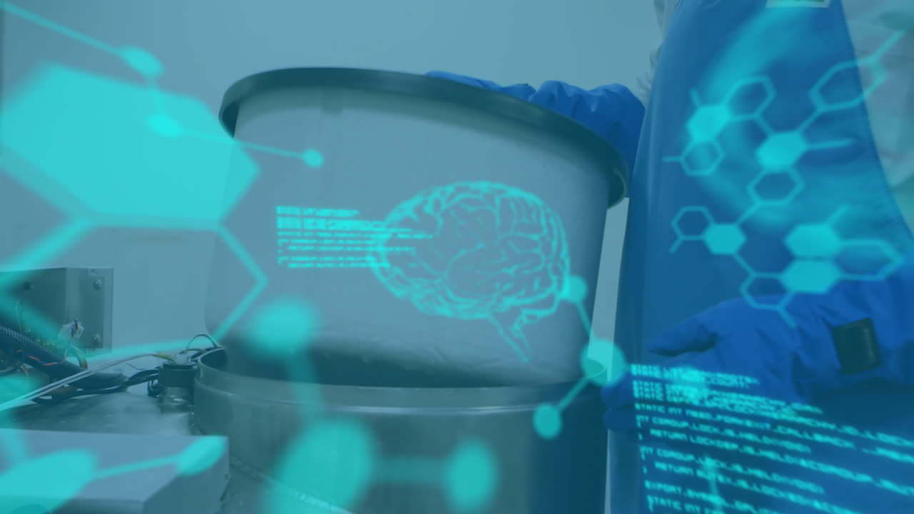animación del procesamiento de datos científicos sobre el científico en el laboratorio