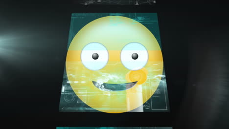 digital animation of screens with data processing against silly face emoji on black background