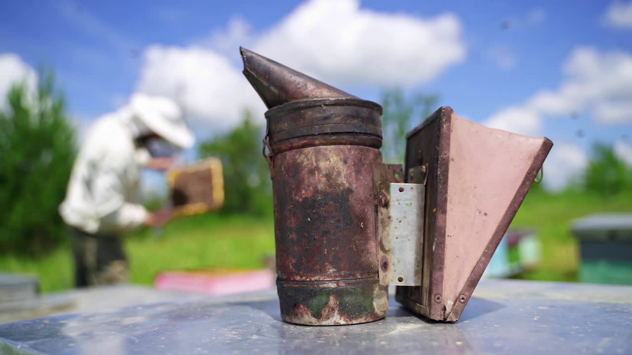 Old chimney on the apiary. Smoker on a hive on nature background under blue sky. Apiarist inspects bees. Close-up.