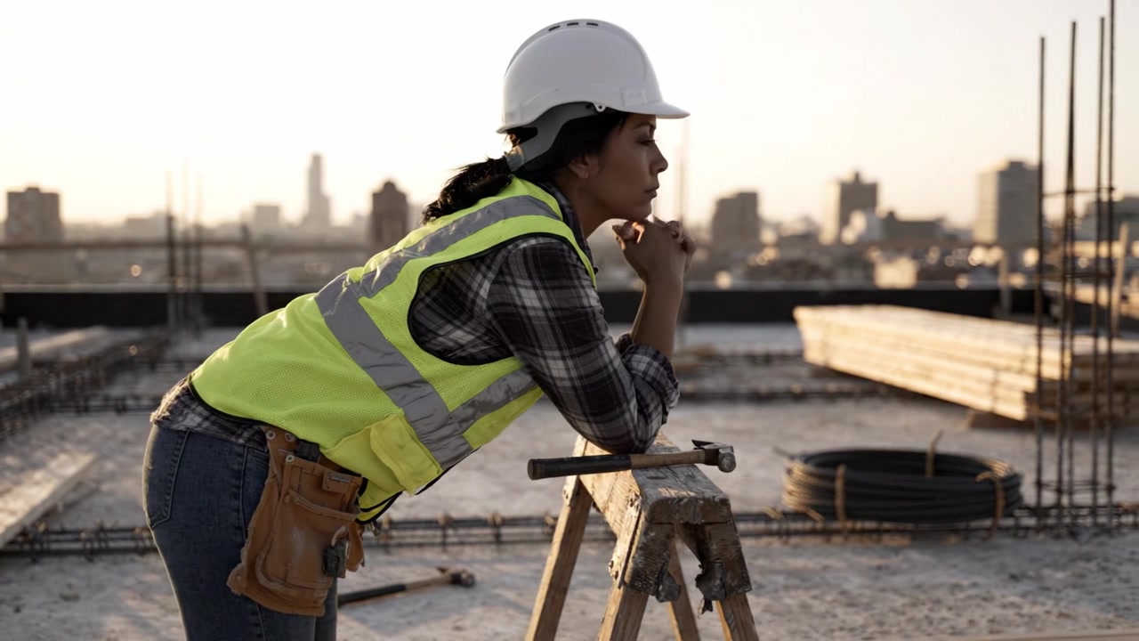 A thoughtful construction worker contemplating on a rooftop site at sunset, showcasing dedication and focus on her tasks amidst a city skyline backdrop.
