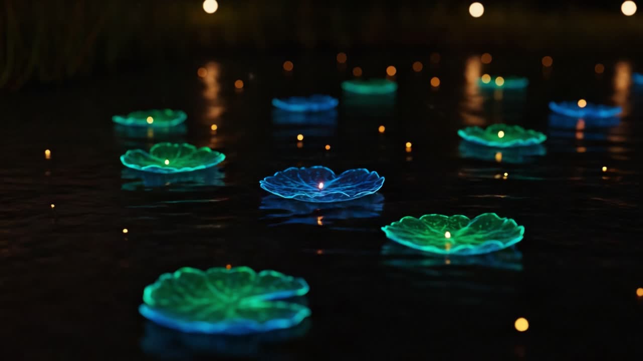 Glowing Water Lilies Floating on a Serene Pond at Night, with Soft Ambient Lights Reflecting on the Surface, Creating a Magical and Tranquil Atmosphere