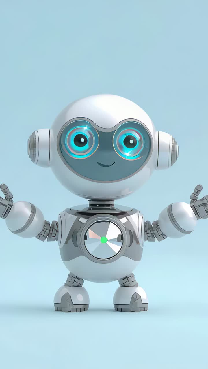Video verticale: robot con zoom della camera che mostra occhi ciano e sorride in studio, quadrante sul petto illuminato
