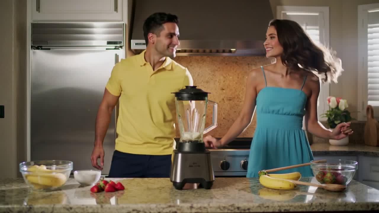 Una coppia, al segnale della telecamera, ondeggia e flirta in cucina per una pubblicità di un frullatore, con frutta animata intorno a loro.