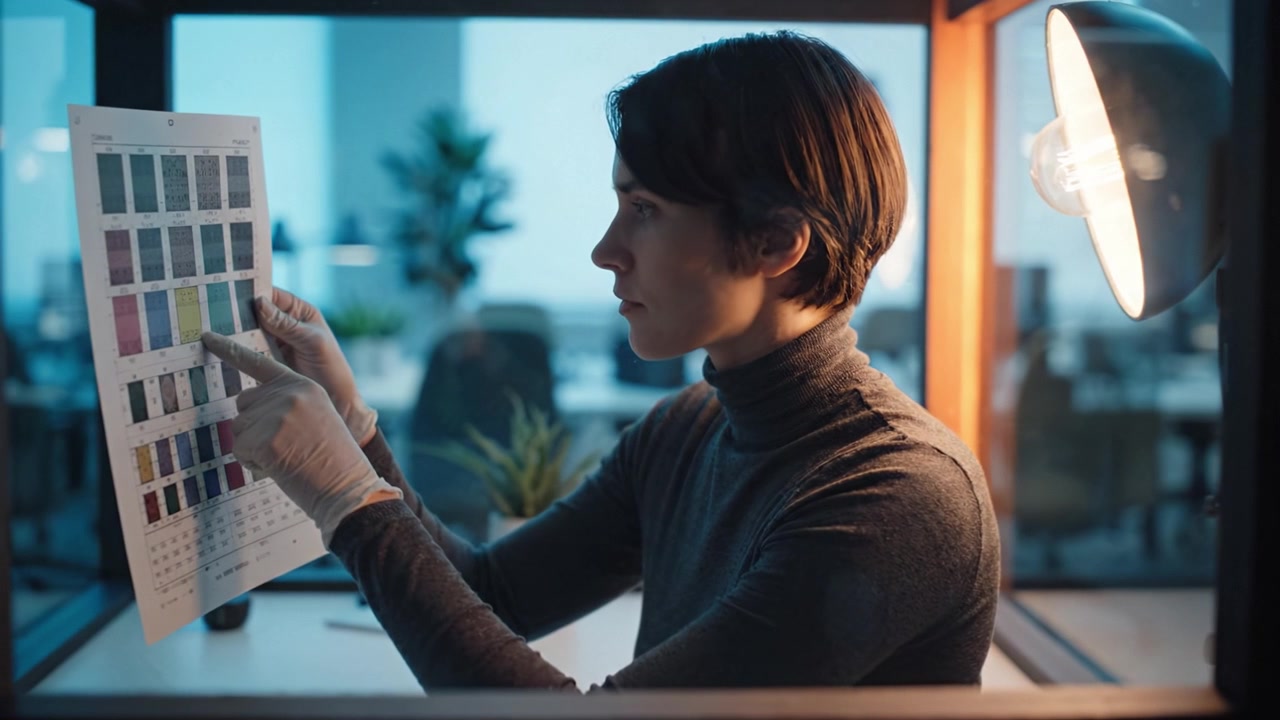 A focused professional examining color samples in a bright modern workspace, demonstrating attention to detail and commitment to quality in design or art.
