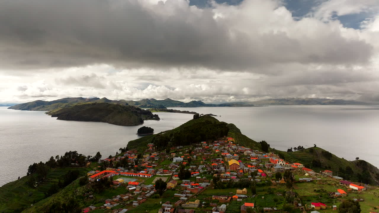 Isla del Sol in Lake Titicaca revered as birthplace of Inca sun god, aerial