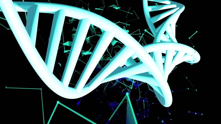 Animation of dna strands spinning with glowing light trails over dark background