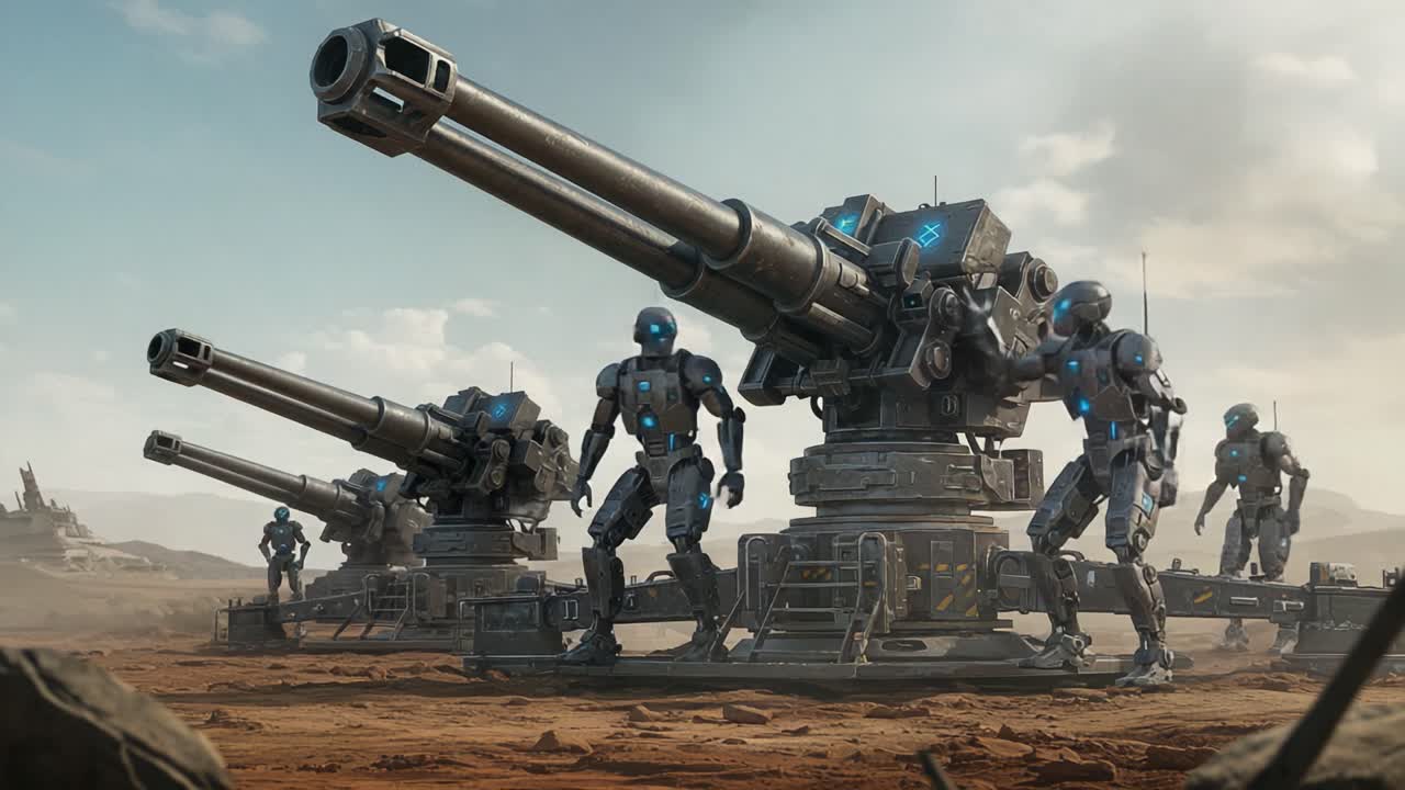 Futuristic Battle Zone: Advanced Robotic Artillery Units Engaged in Combat Operations on a Dusty Martian Landscape