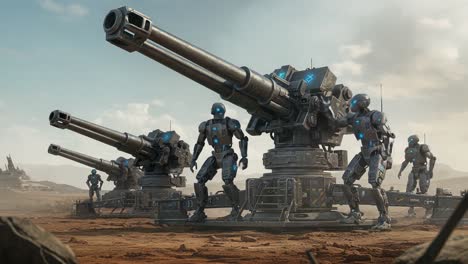 futuristic battle zone: advanced robotic artillery units engaged in combat operations on a dusty martian landscape