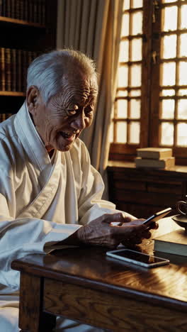 elderly man using smartphone in a traditional setting
