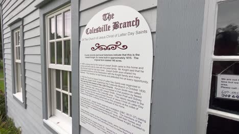 The-colesville-branch-sign-on-the-Home-of-the-Knights,-Joseph-Sr-and-Newel-Knight-and-the-place-of-the-first-branch-of-the-church-of-Christ,-Mormons-located-in-Colesville,-New-York-near-Bainbridge