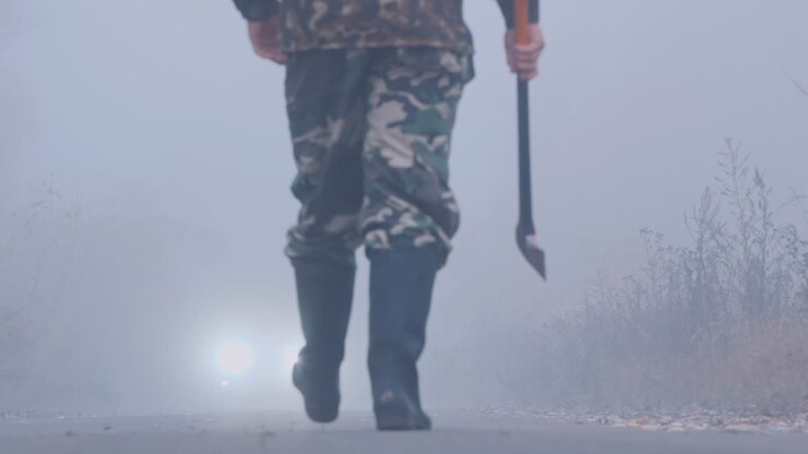 ein mörder mit blutiger axt auf einem waldweg steht im licht von autoscheinwerfern gruseliger tatort