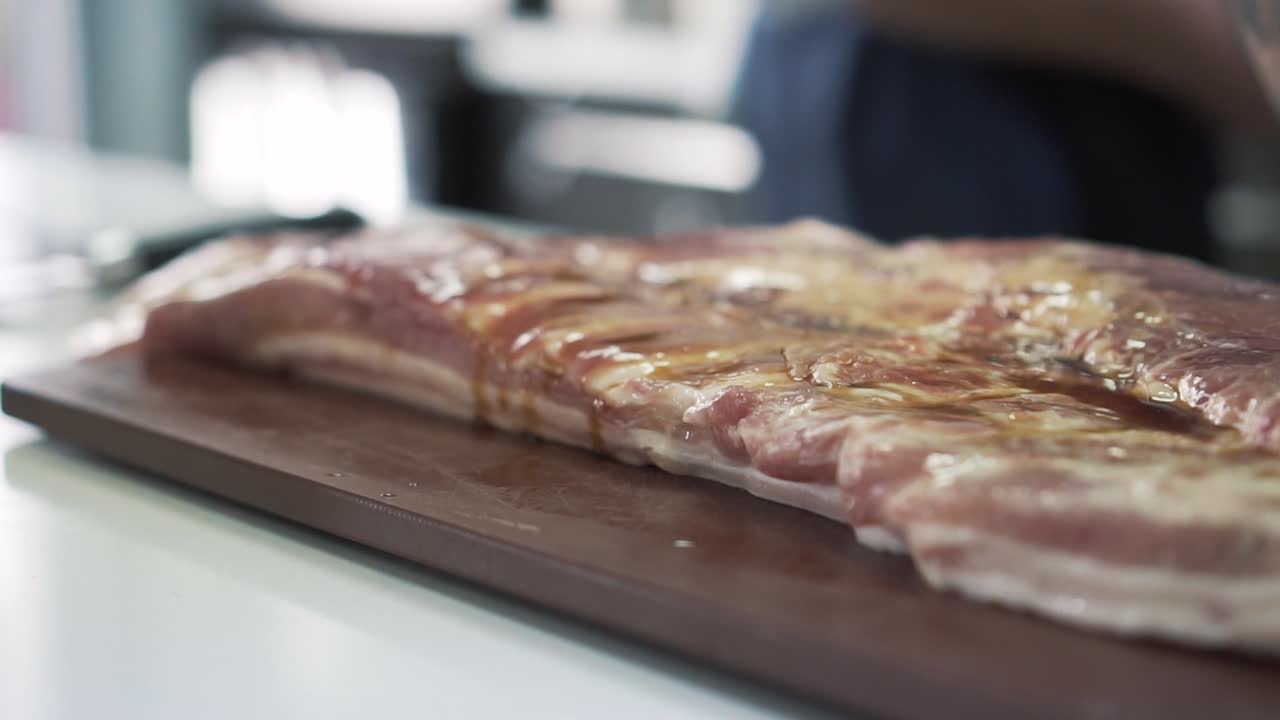 Preparing raw pork belly