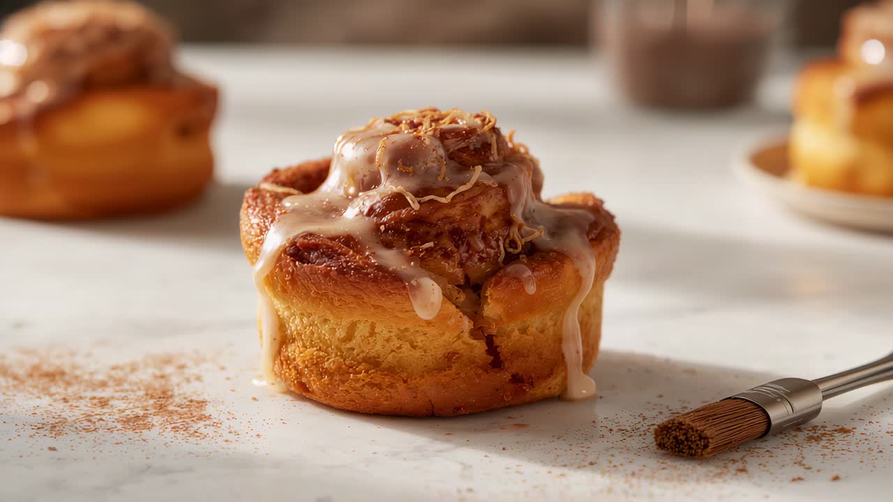 Pouring from above, white glaze coating single cinnamon roll on marble slab for glazing brush right