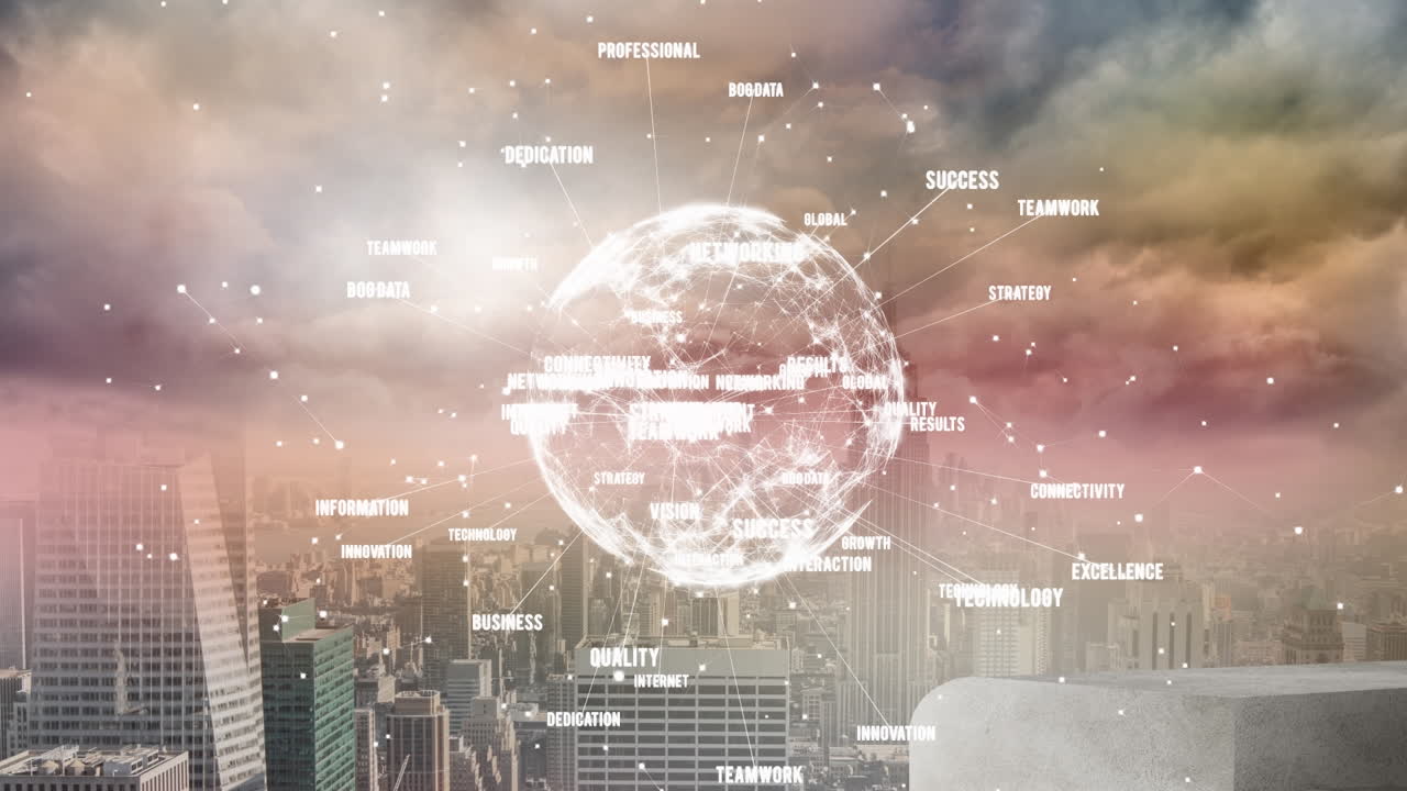 도시 풍경 위의 지구와 연결된 네트워크의 애니메이션