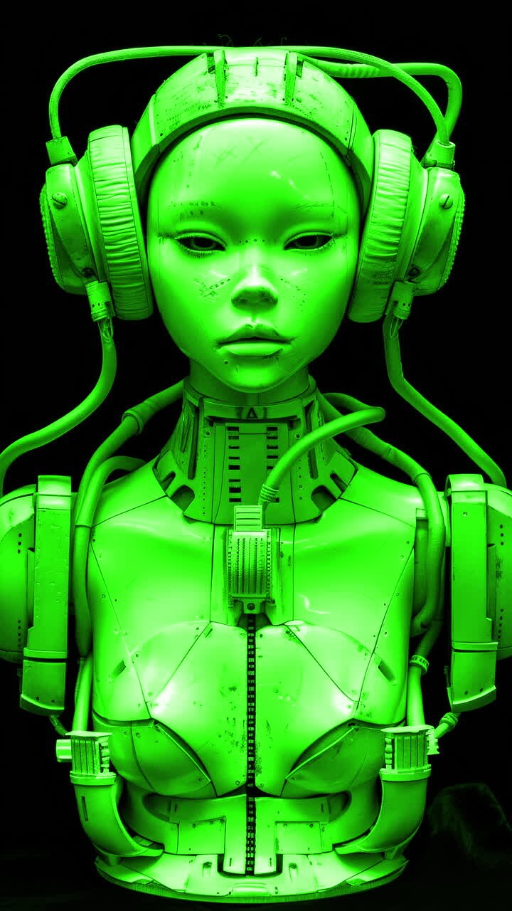 porcelain female statue dolls with audio speakers and headphones made with AI