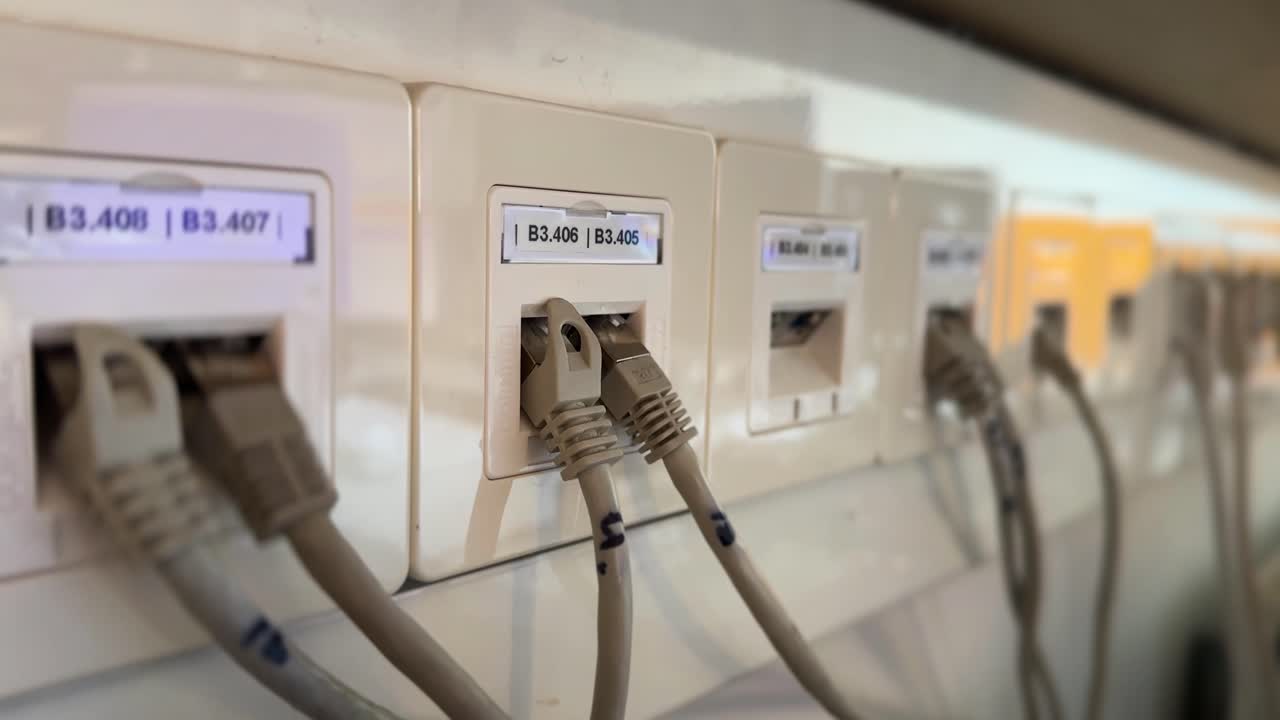 Ethernet cables plugged into office sockets