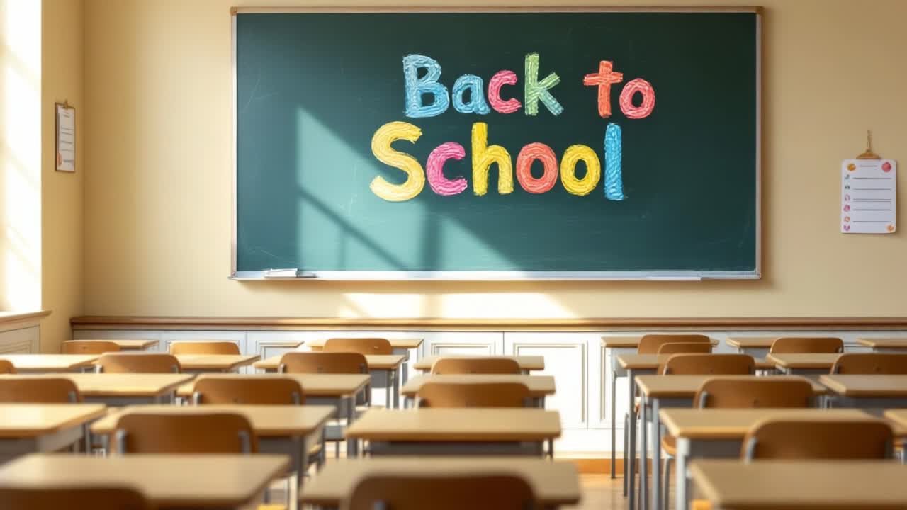 Aula vuota con la scritta 'Ritorno a scuola' sulla lavagna