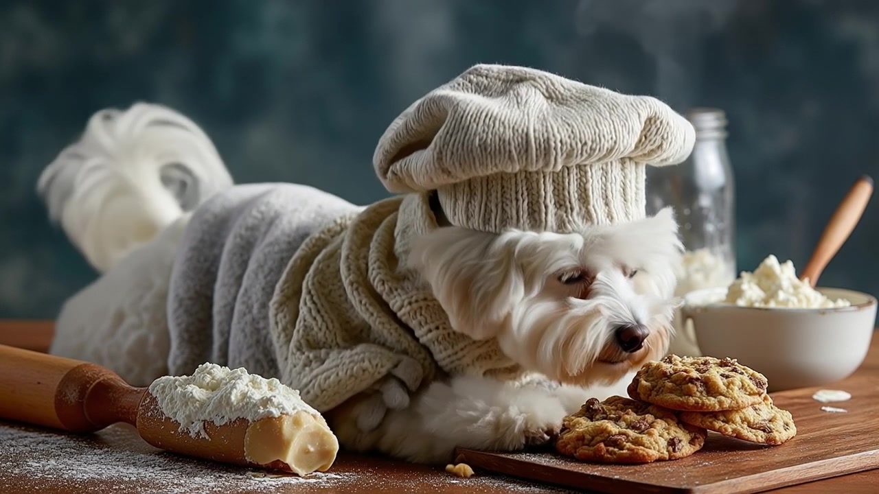 Cute small white dog wearing a chef hat and sweater lying on a table with cookies