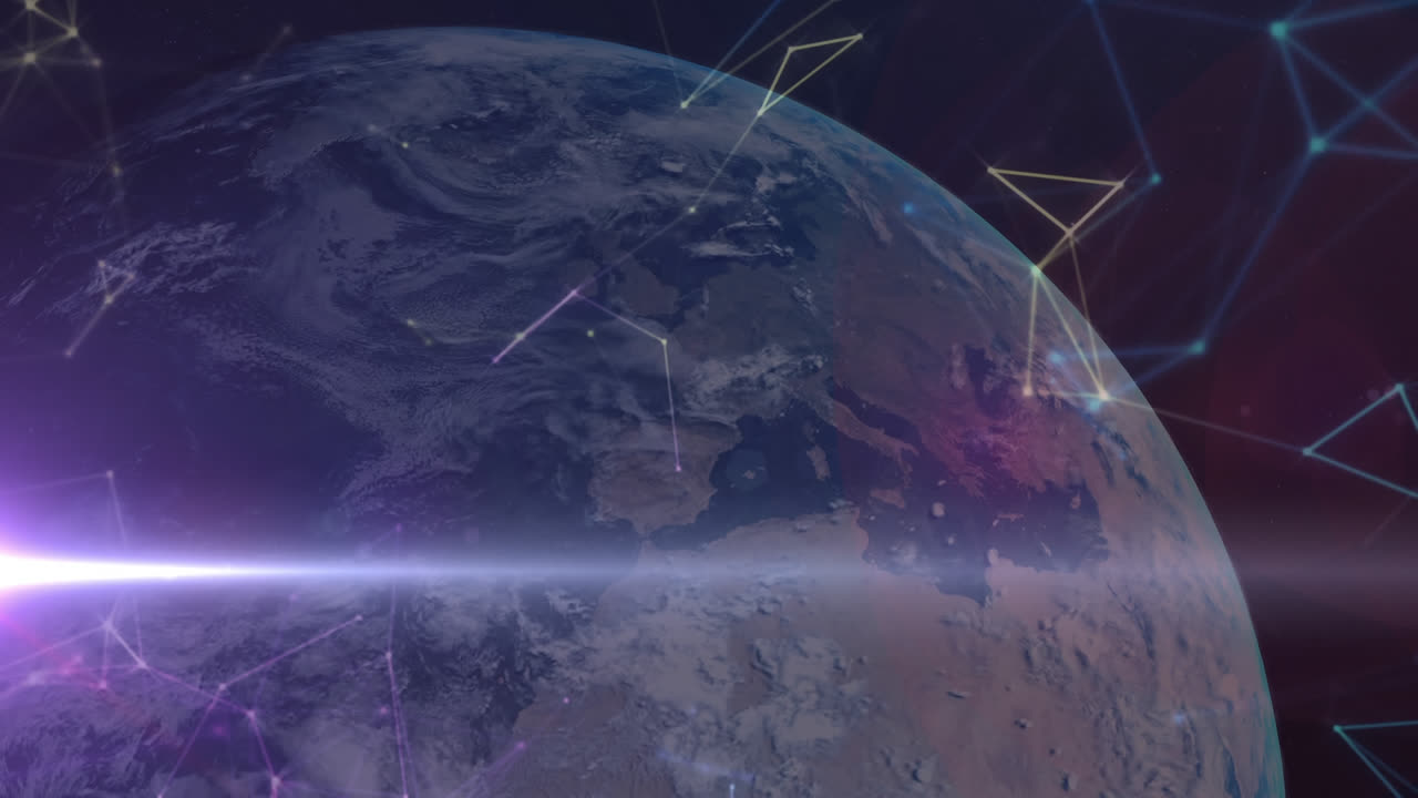 animación digital de la red de conexiones contra el punto de luz sobre el globo