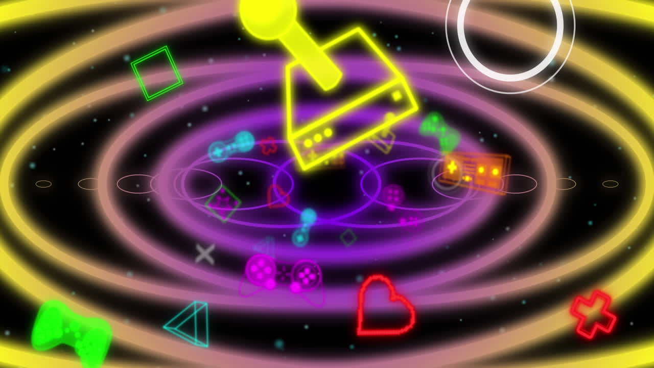 검은색 배경에 움직이는 모양과 게임 아이콘의 애니메이션