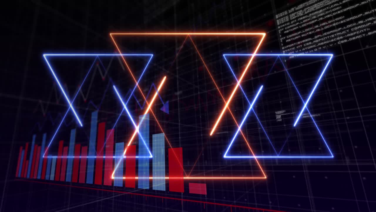 Animação de formas néon abstratas sobre processamento de dados estatísticos contra fundo azul.
